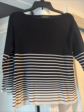 Finity Black and White Striped Boatneck 3/4 Inch Sleeve Top